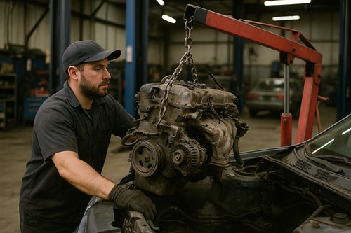 mechanic installing recycled engine at Western Auto & Truck Parts, Calgary