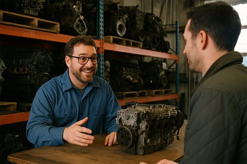 parts expert at Western Auto & Truck Parts helping customer with engine choice